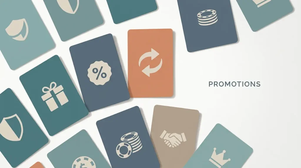 Conceptual illustration of casino promotion categories shown as sorted cards, with no figures or brand marks