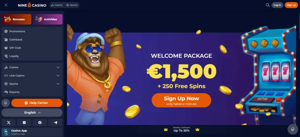 Nine Casino's published bonus terms showing the wagering, minimum-deposit and validity clauses