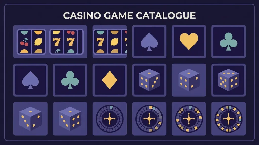 Conceptual illustration of a varied slot and table game catalogue using abstract symbols rather than real game screens