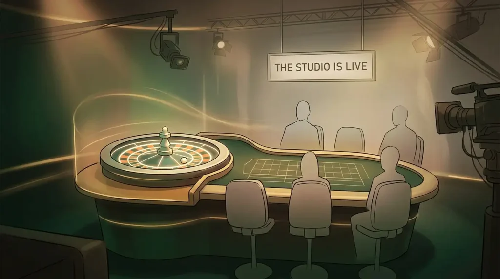 Conceptual illustration of a live-dealer table with abstract roulette and card motifs under studio lighting