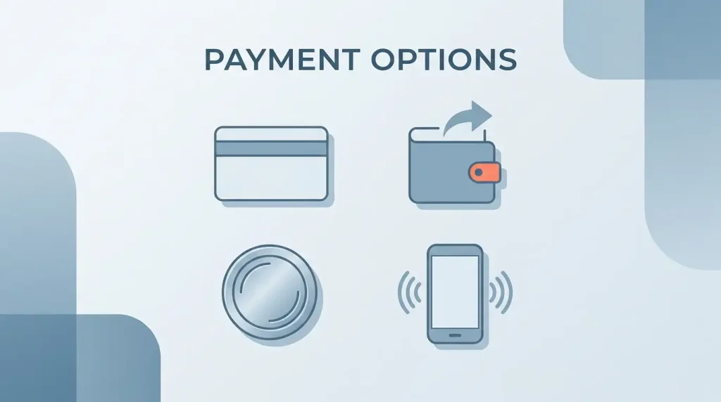 Conceptual illustration of payment-method categories shown as abstract card and wallet symbols without brand marks