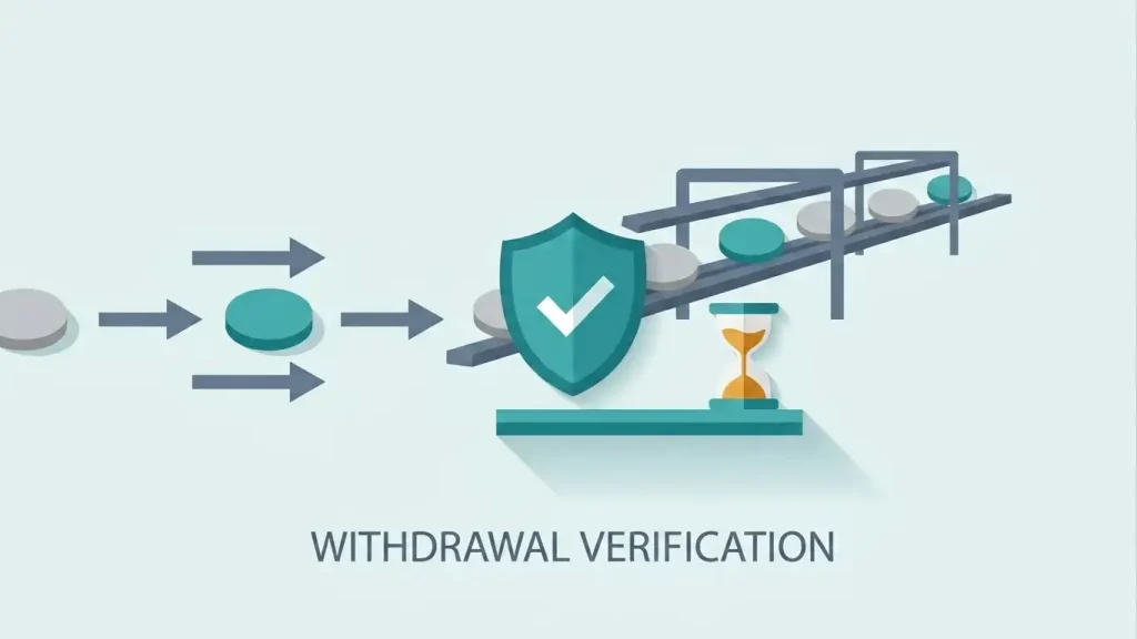 Conceptual illustration of a withdrawal shown as an abstract flow of funds passing a verification checkpoint