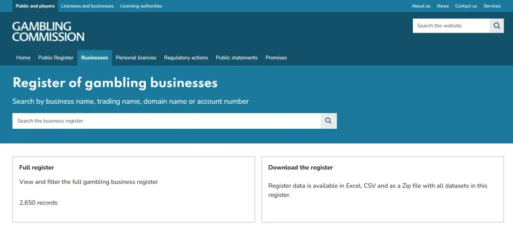 The UK Gambling Commission public register search for Nine Casino and its operator