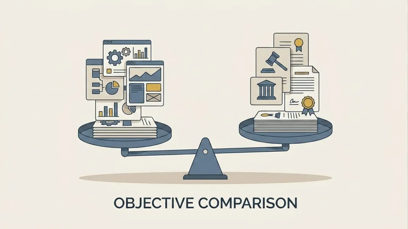 Conceptual illustration of two separated layers of evidence, one for platform features and one for jurisdiction, shown as abstract cards on a balance