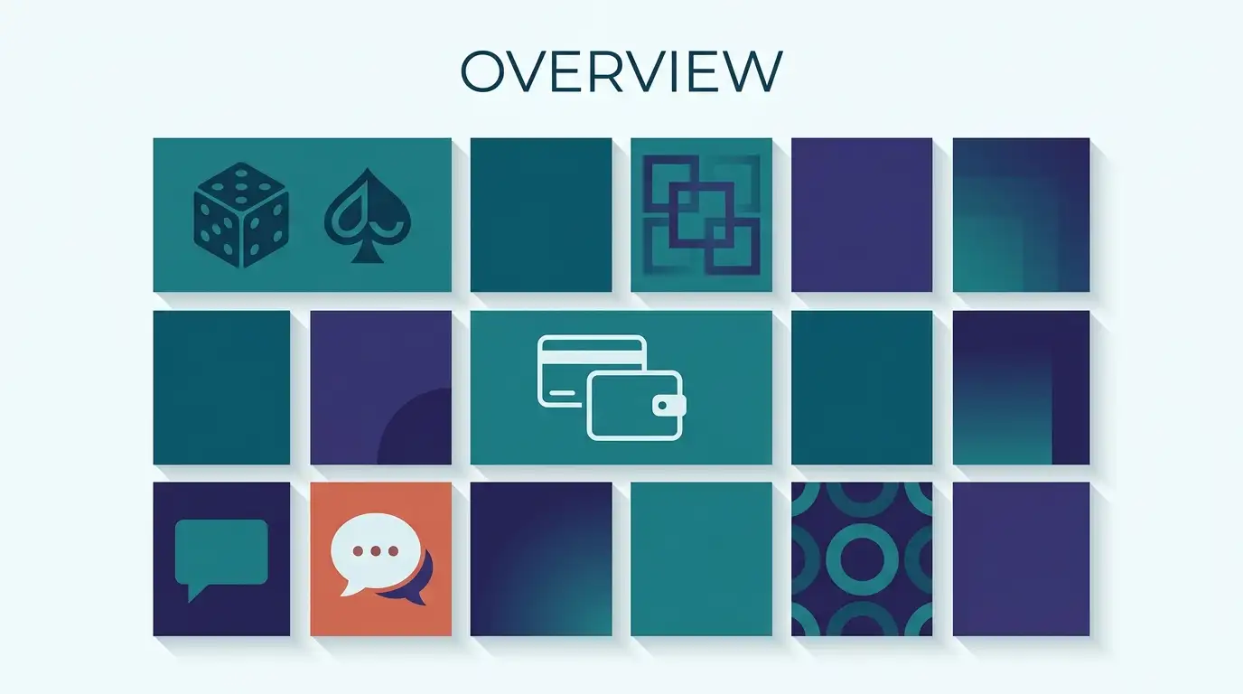 Conceptual illustration of an online casino platform overview using abstract tiles for games, payments and support with no real interface