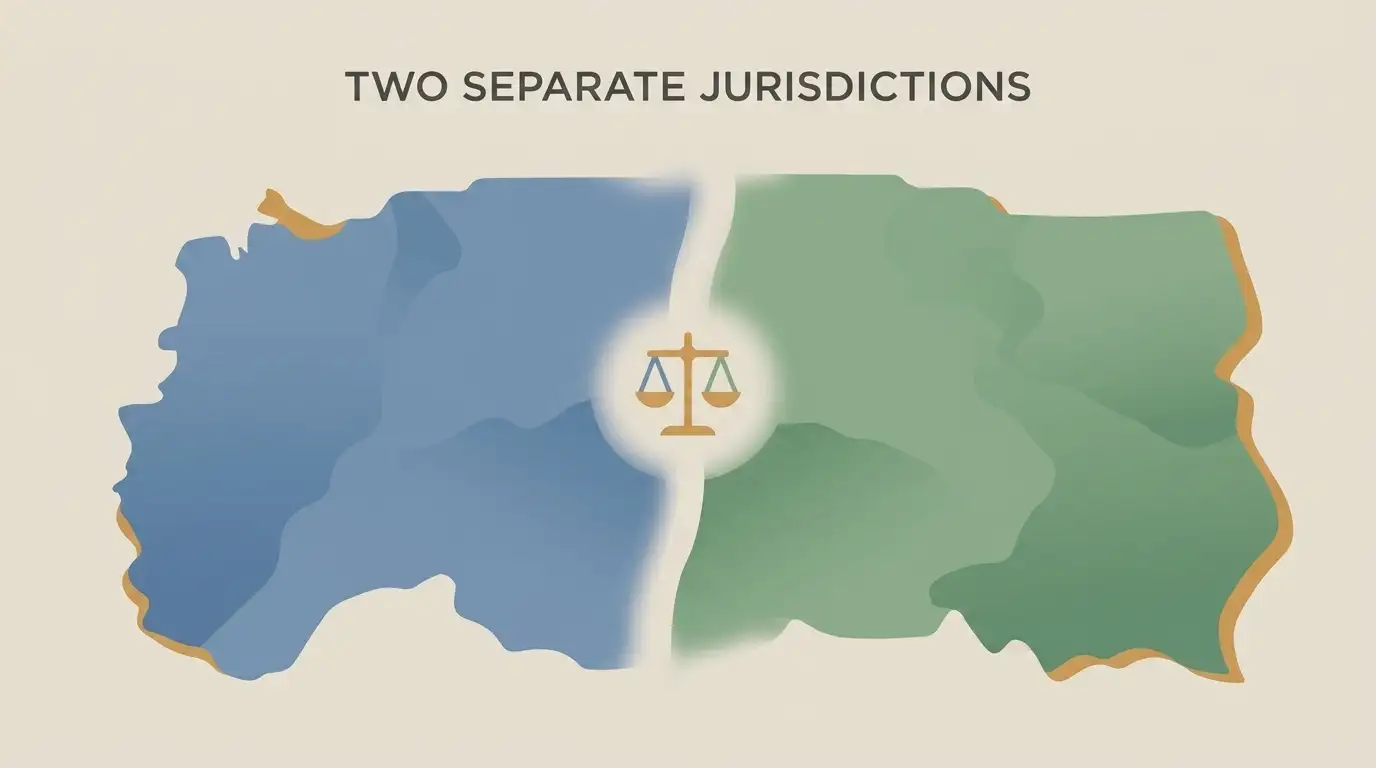 Conceptual illustration of separate legal scopes shown as abstract map regions and a balance, without flags or brand marks