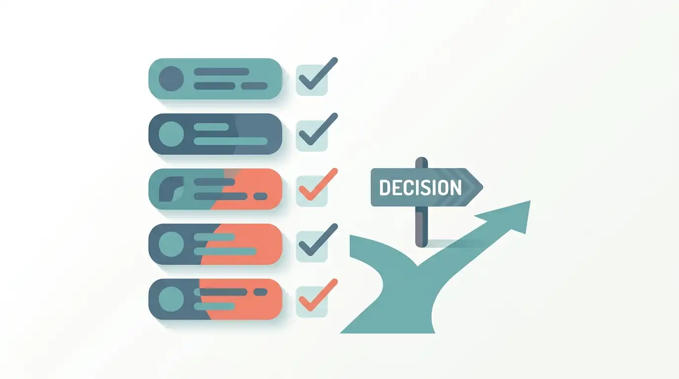 Conceptual illustration of a decision checklist shown as an abstract list with ticks beside a signpost